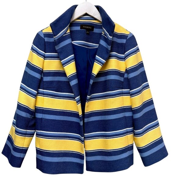 TALBOTS Stripe Blazer Size 4  Blue Yellow Cotton Blend Preppy Open Front - Picture 1 of 8